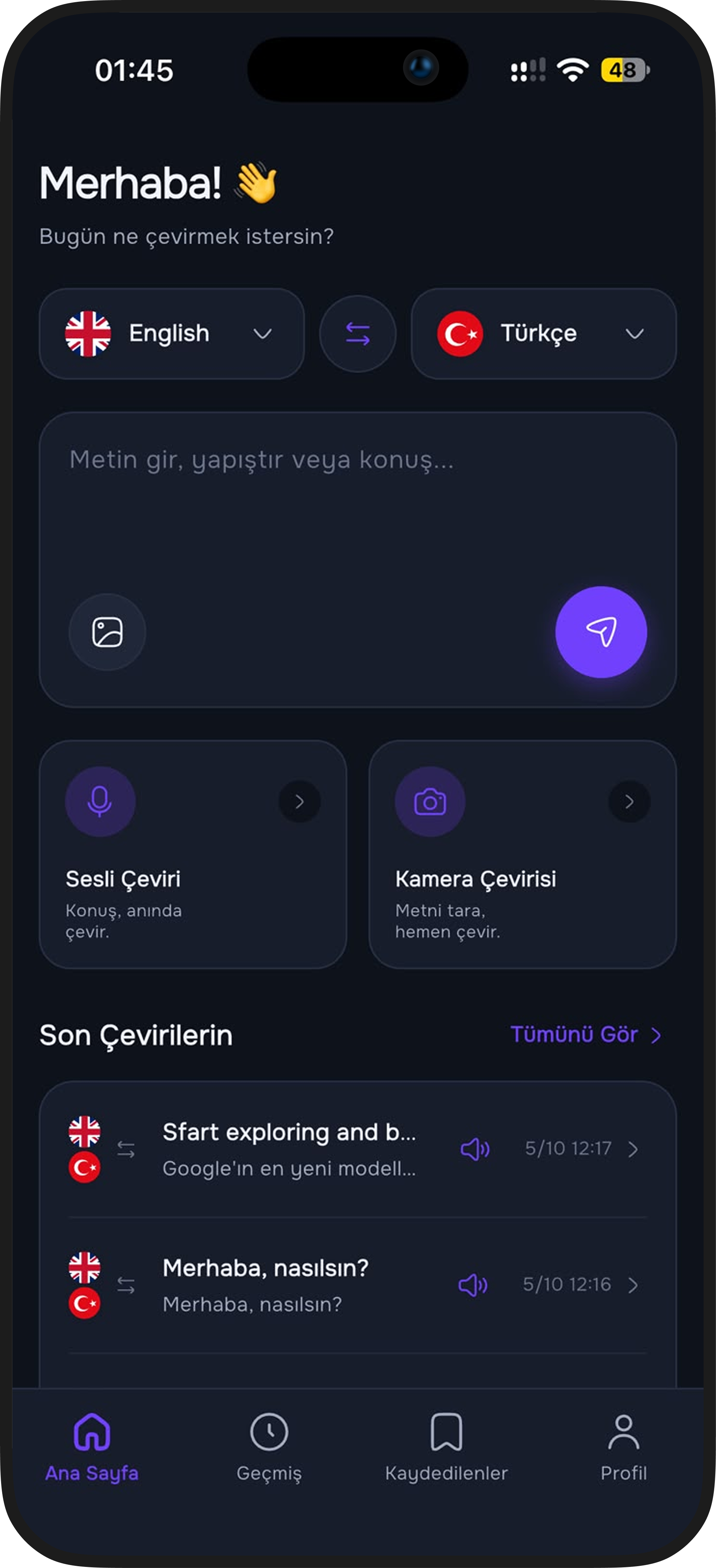 Fast Translator Ana Sayfa & Metin Çevirisi (Koyu Mod)