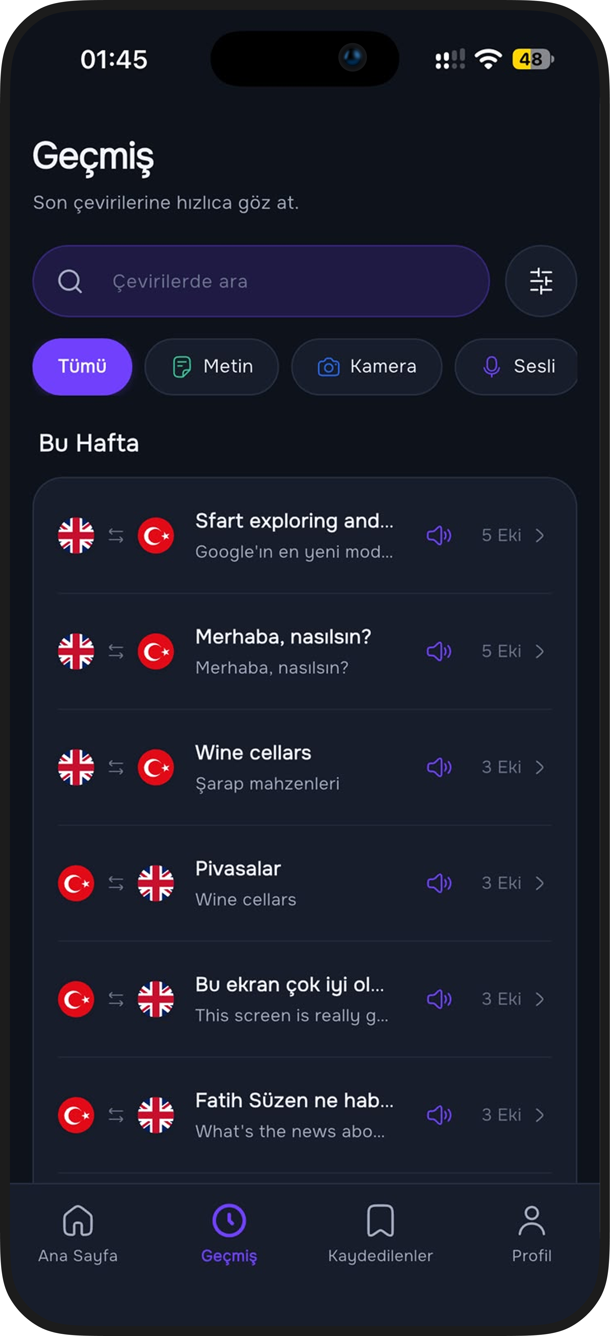 Fast Translator Çeviri Geçmişi (Koyu Mod)