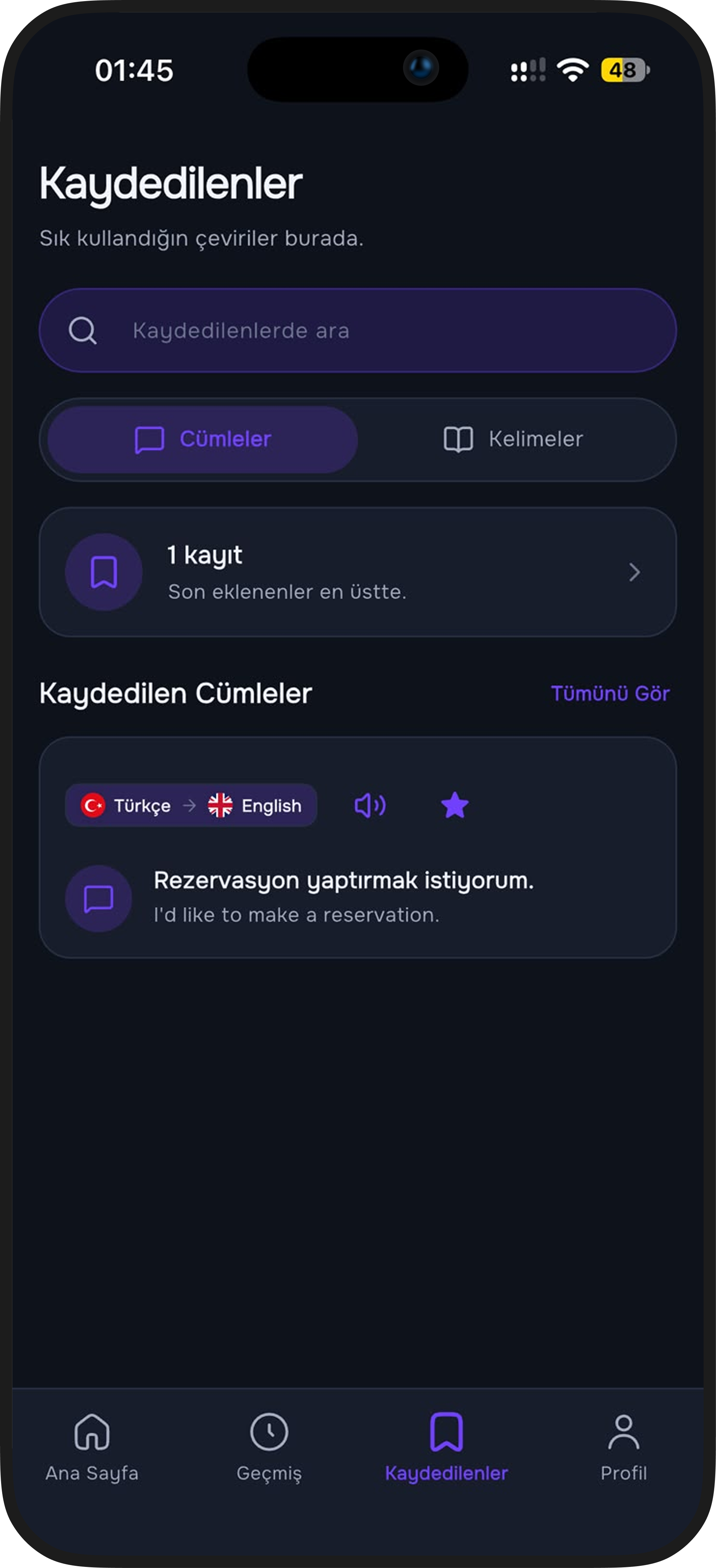 Fast Translator Kaydedilen İfadeler (Koyu Mod)