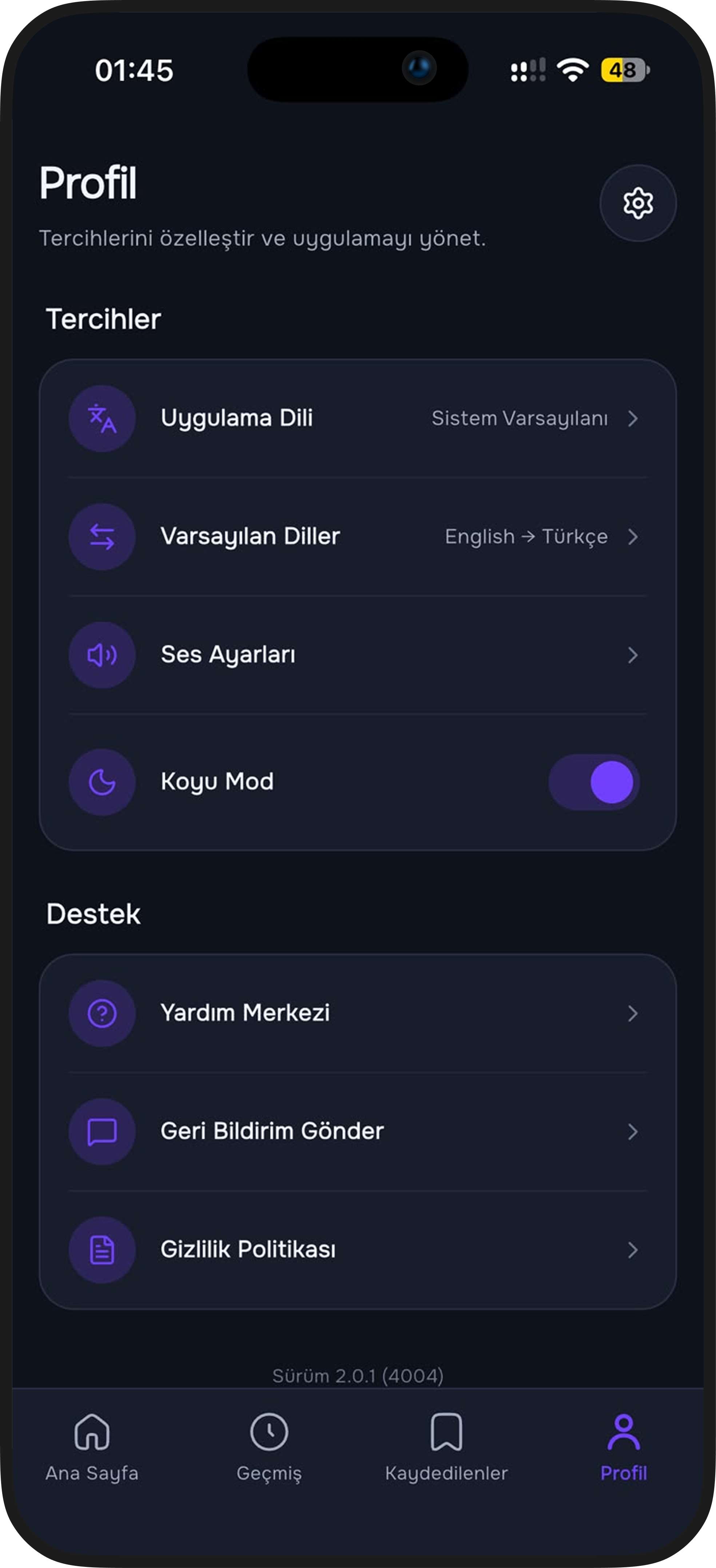 Fast Translator Profil & Kişiselleştirme (Koyu Mod)