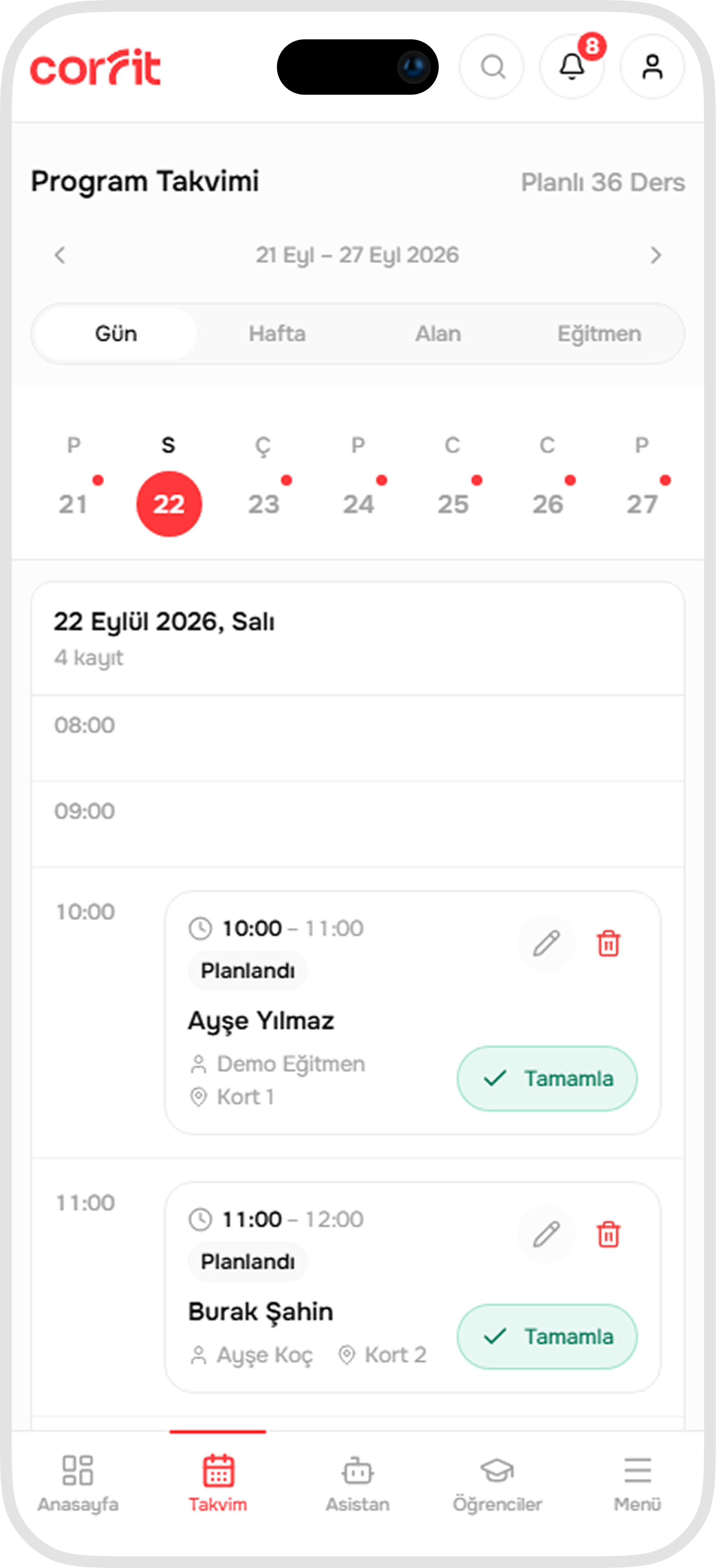 Corfit Mobil Ders Takvimi